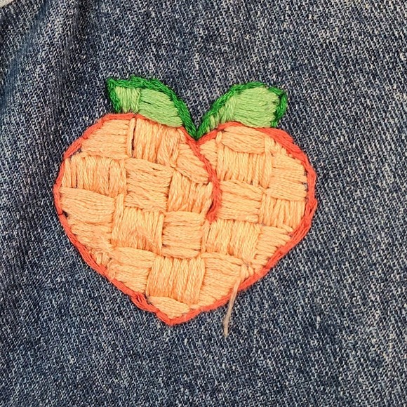 Forever 21 Denim Jean Jacket Embroidered Peach Festival Boho Mod Size S - Picture 9 of 9